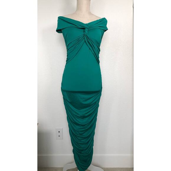 Micas Emerald Off the Shoulder Ruched Midi Dress - M - Picture 2 of 7
